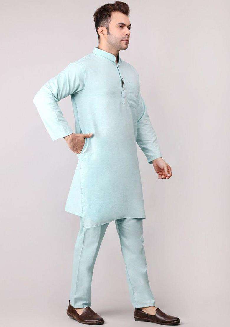 Green Solid Cotton Kurta Set For Men - Indya