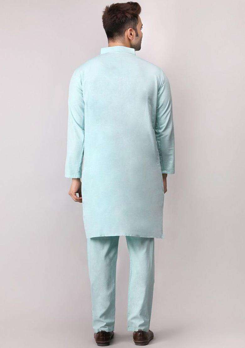 Green Solid Cotton Kurta Set For Men - Indya
