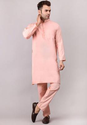 Peach Solid Cotton Kurta Set For Men
