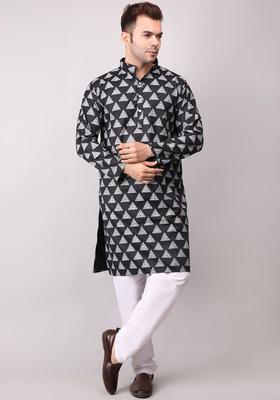 Black Printed Cotton Kurta Set For Men