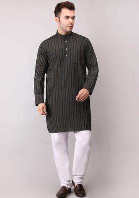 Black Striped Cotton Kurta Set For Men