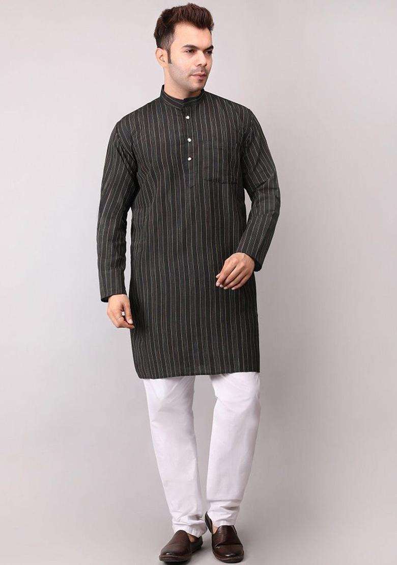 Black Striped Cotton Kurta Set For Men - Indya