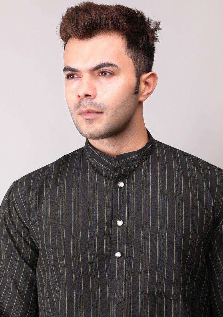 Black Striped Cotton Kurta Set For Men - Indya