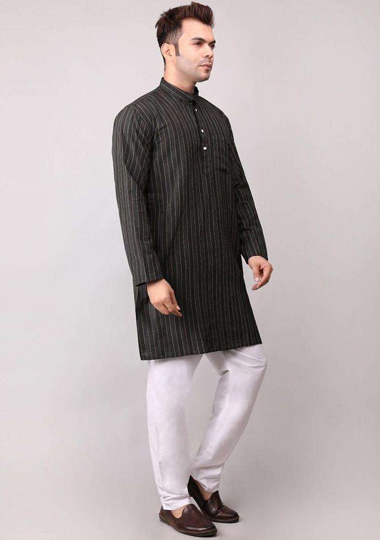 Black Striped Cotton Kurta Set For Men - Indya