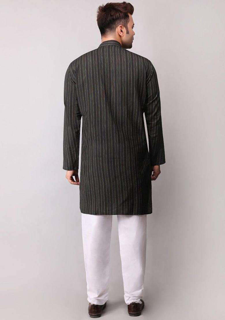 Black Striped Cotton Kurta Set For Men - Indya