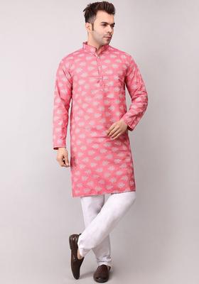 Pink Printed Cotton Kurta Set For Men