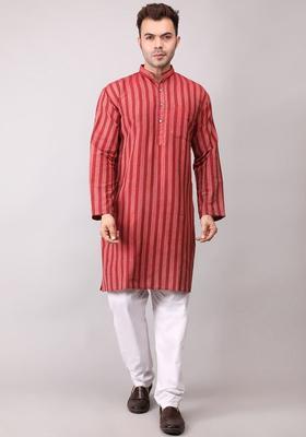 Maroon Striped Cotton Kurta Set For Men