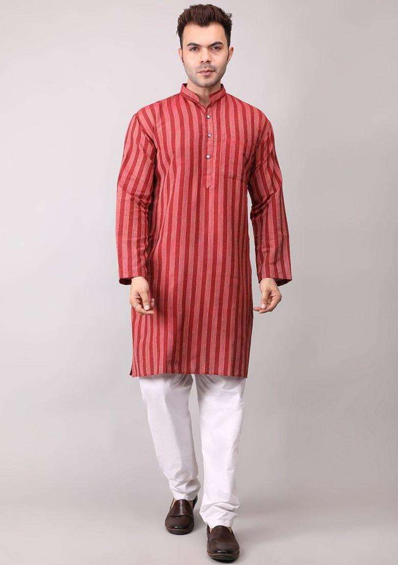 Maroon Striped Cotton Kurta Set For Men - Indya
