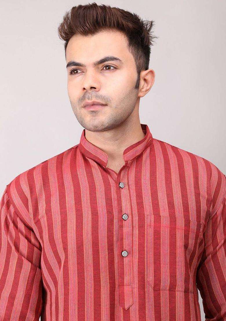 Maroon Striped Cotton Kurta Set For Men - Indya