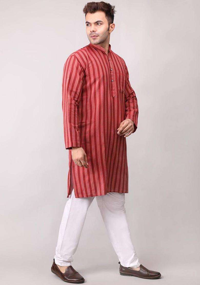 Maroon Striped Cotton Kurta Set For Men - Indya