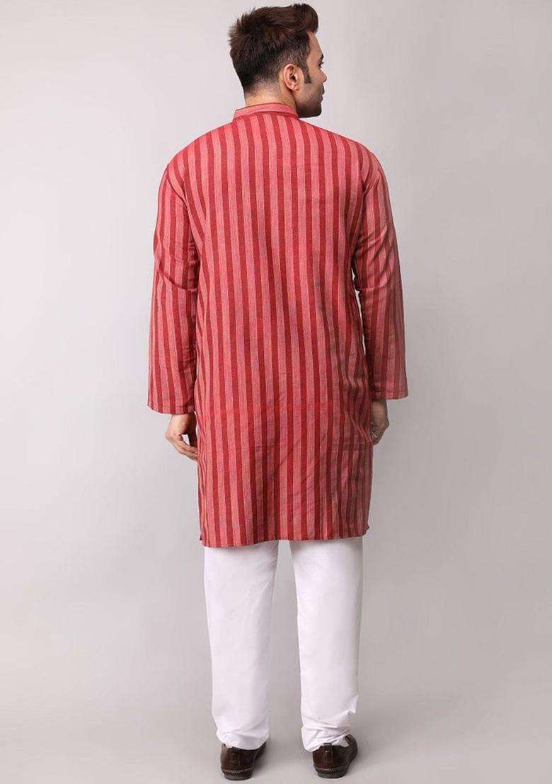 Maroon Striped Cotton Kurta Set For Men - Indya