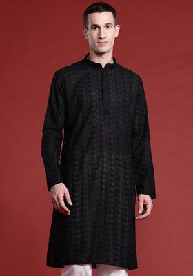Black Embroidered Cotton Kurta Set For Men