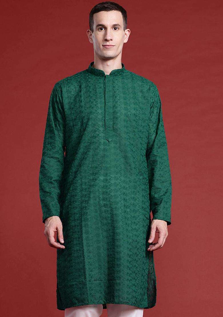 Green Embroidered Cotton Kurta Set For Men - Indya