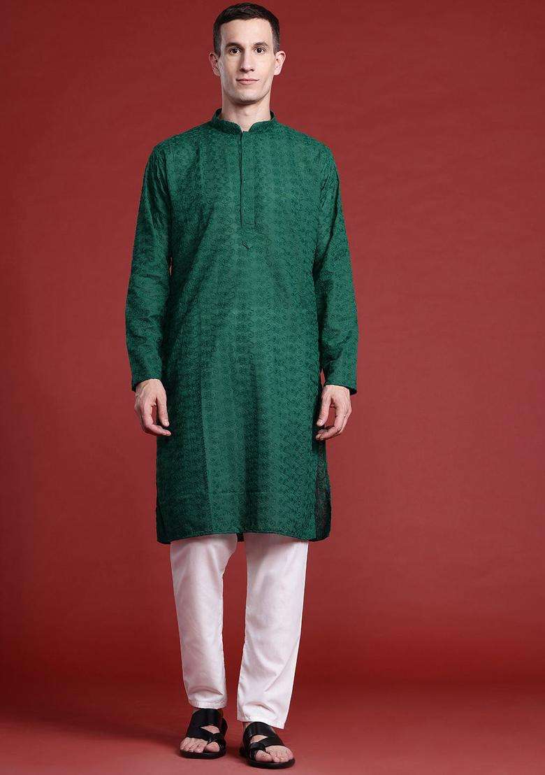 Green Embroidered Cotton Kurta Set For Men - Indya