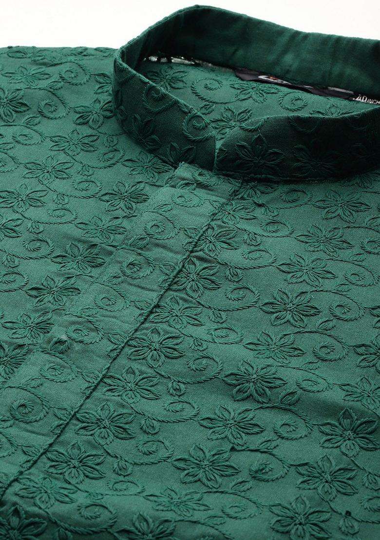 Green Embroidered Cotton Kurta Set For Men - Indya