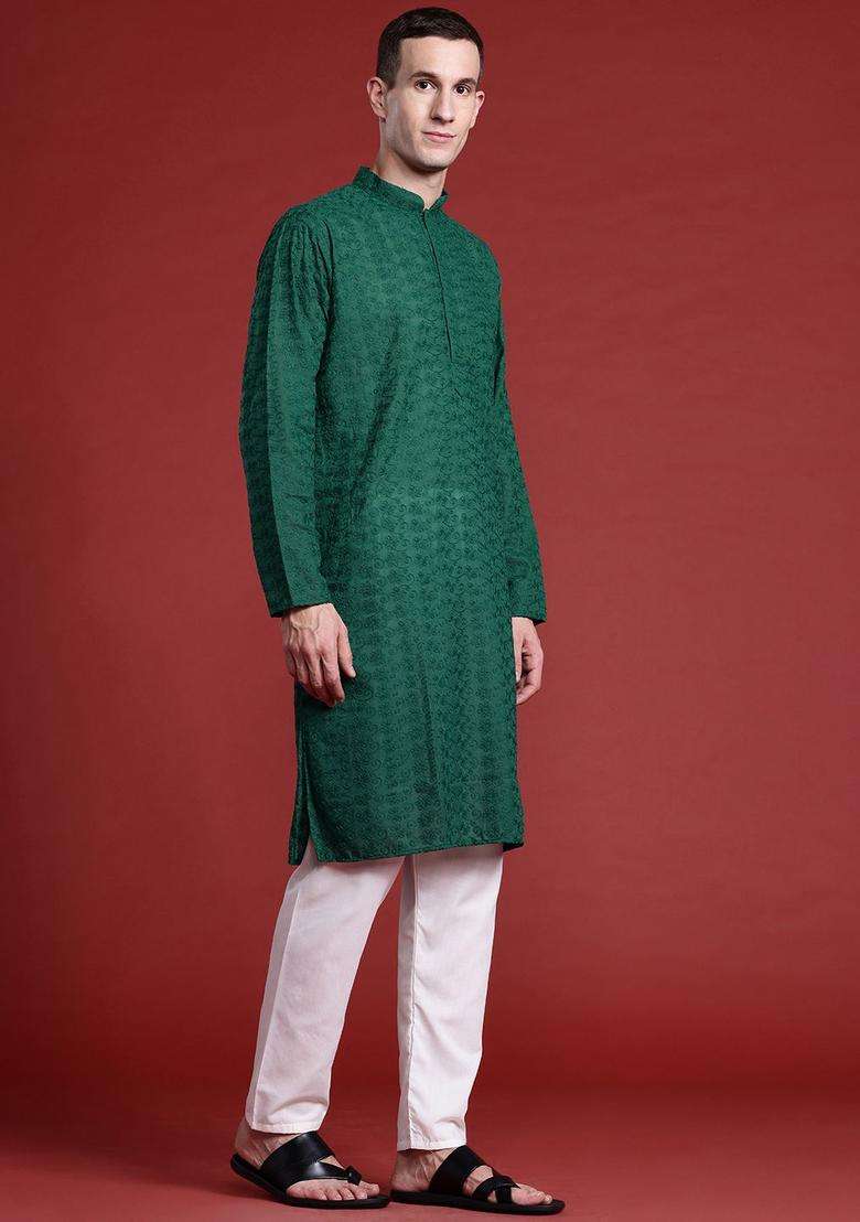 Green Embroidered Cotton Kurta Set For Men - Indya