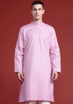 Mauve Striped Cotton Kurta Set For Men