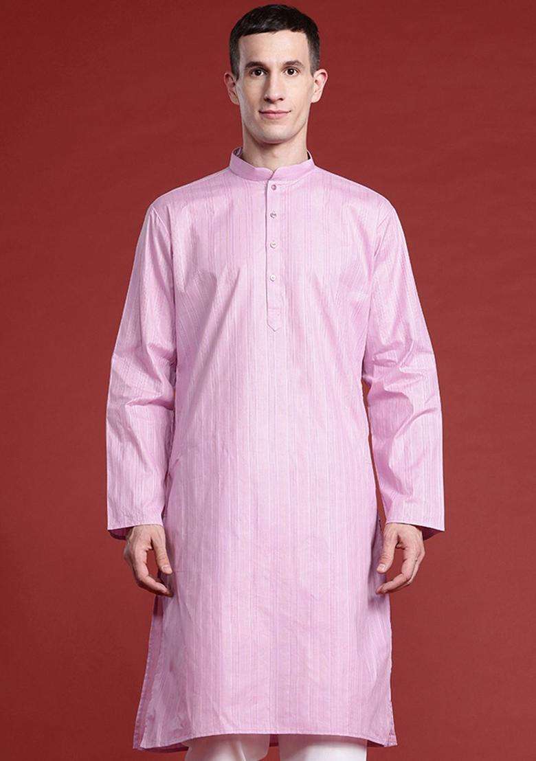 Mauve Striped Cotton Kurta Set For Men - Indya