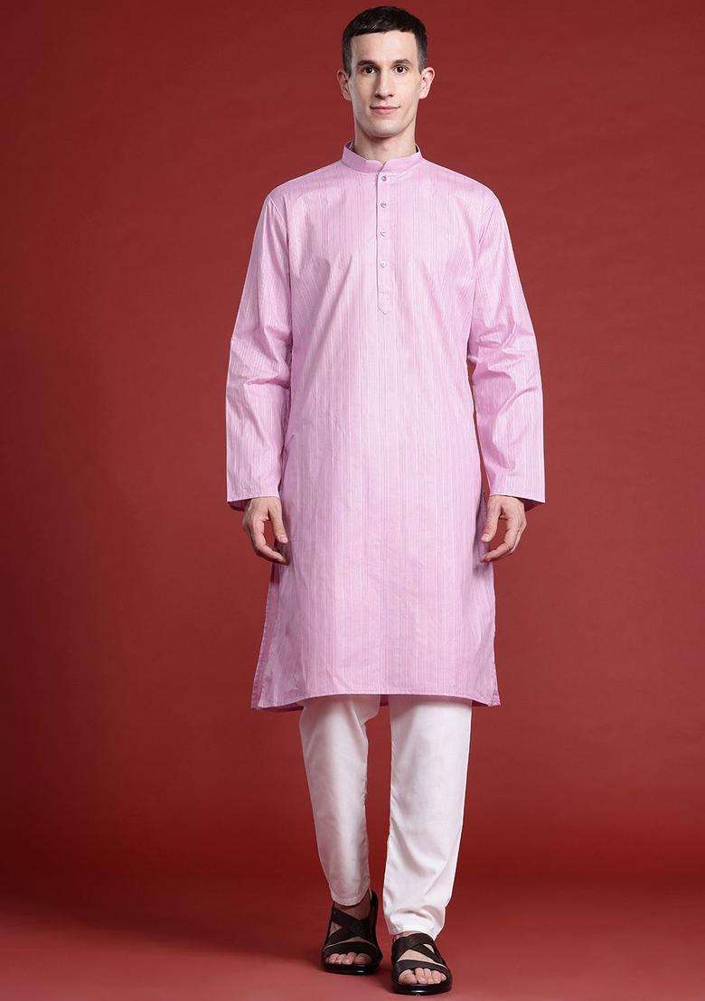 Mauve Striped Cotton Kurta Set For Men - Indya