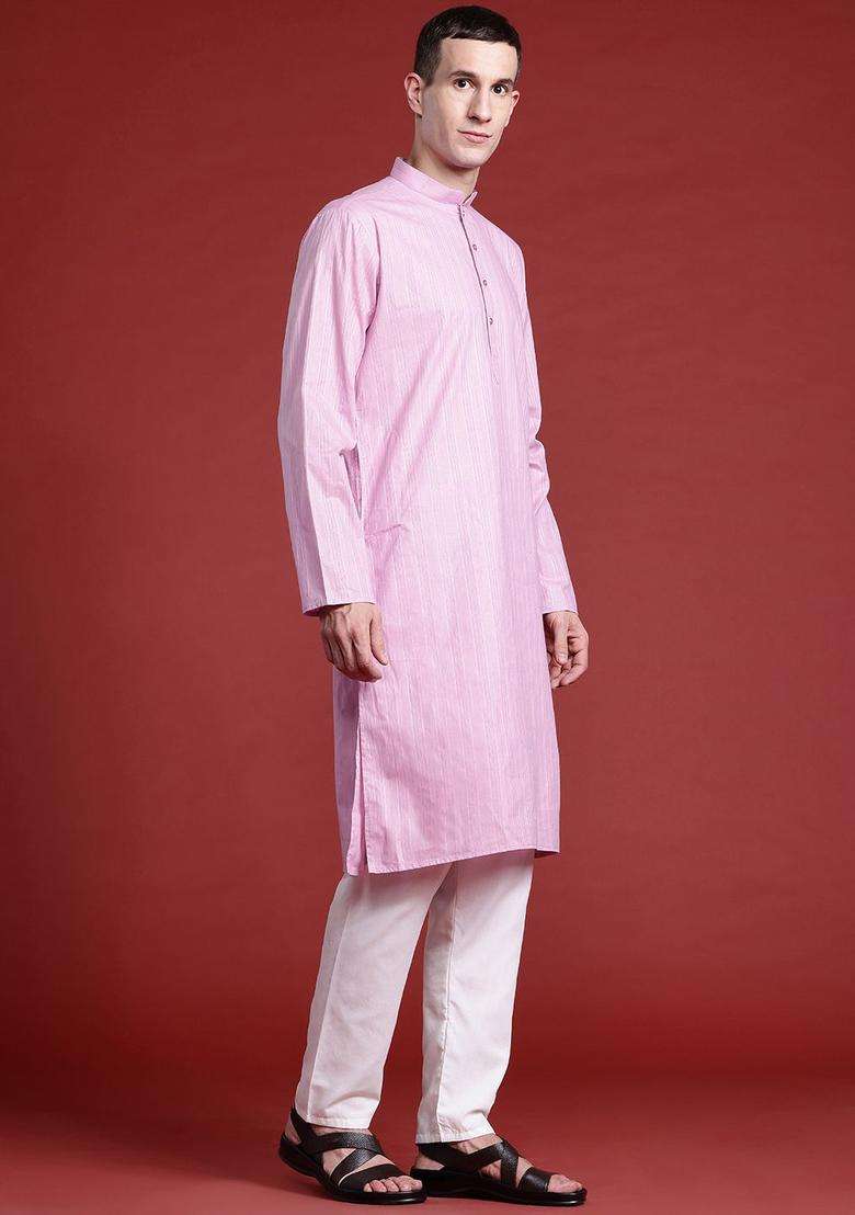 Mauve Striped Cotton Kurta Set For Men - Indya
