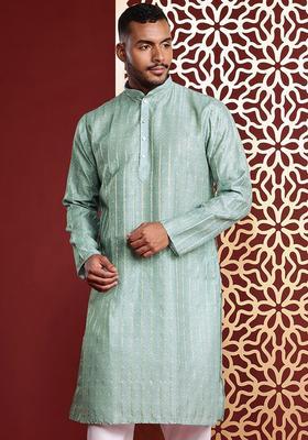 Sea Green Self Design Cotton Kurta Set For Men