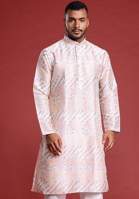 Pink Printed Cotton Kurta Set For Men