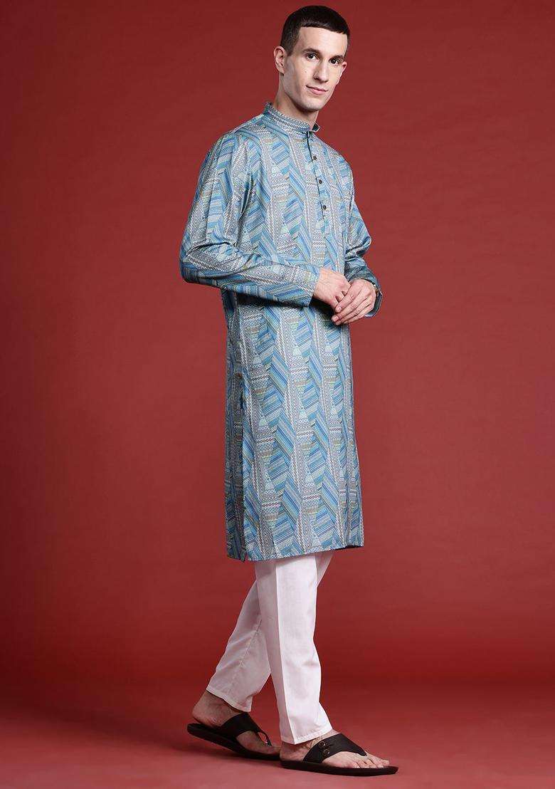 Multi Printed Cotton Kurta Set For Men - Indya
