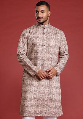 Brown Printed Cotton Kurta Set For Men