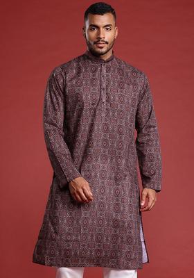 Brown Printed Cotton Kurta Set For Men