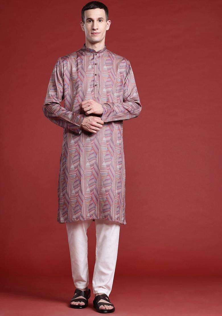 Multi Printed Cotton Kurta Set For Men - Indya