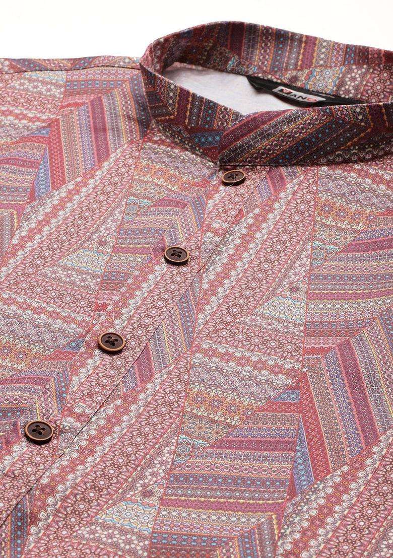 Multi Printed Cotton Kurta Set For Men - Indya