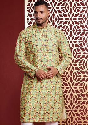 Green Embroidered Cotton Kurta Set For Men