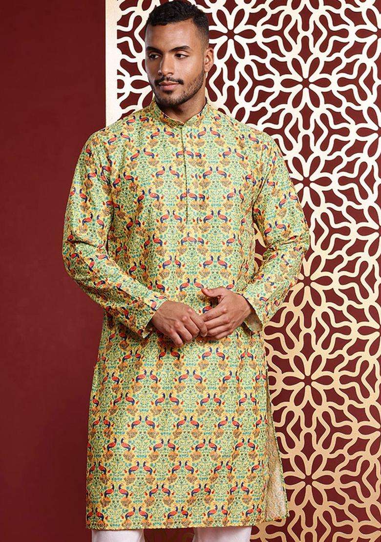 Green Embroidered Cotton Kurta Set For Men - Indya