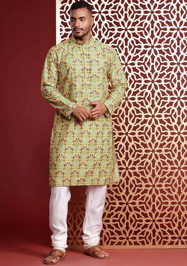 Green Embroidered Cotton Kurta Set For Men - Indya