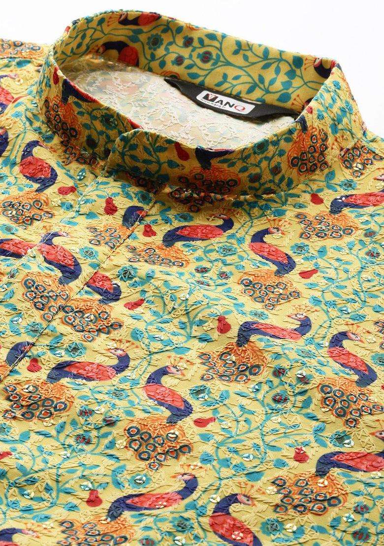 Green Embroidered Cotton Kurta Set For Men - Indya