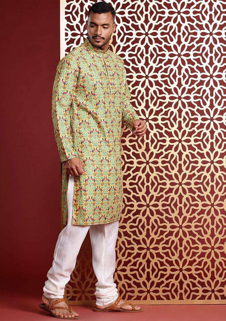 Green Embroidered Cotton Kurta Set For Men - Indya