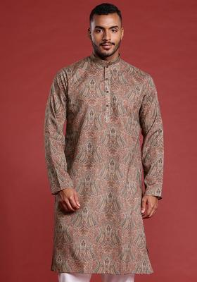 Brown Printed Cotton Kurta Set For Men