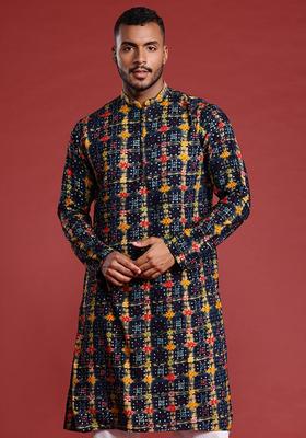 Navy Blue Printed Cotton Kurta Set For Men