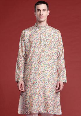 Beige Printed Cotton Kurta Set For Men