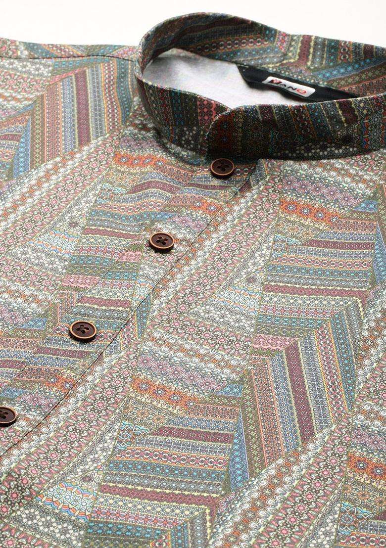 Multi Printed Cotton Kurta Set For Men - Indya