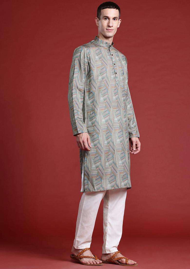 Multi Printed Cotton Kurta Set For Men - Indya