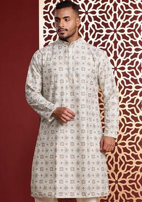 Beige Embroidered Cotton Kurta Set For Men