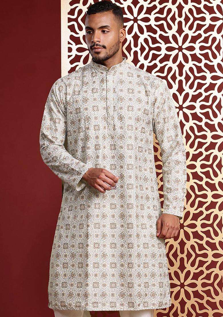 Beige Embroidered Cotton Kurta Set For Men - Indya
