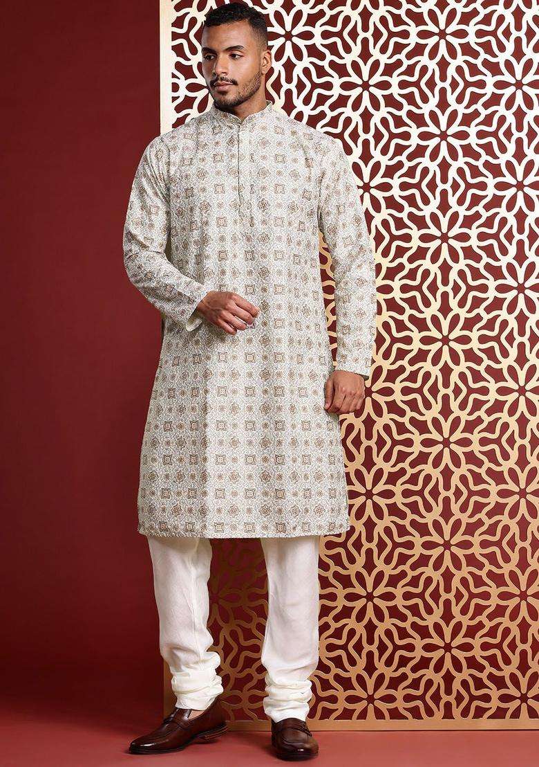 Beige Embroidered Cotton Kurta Set For Men - Indya