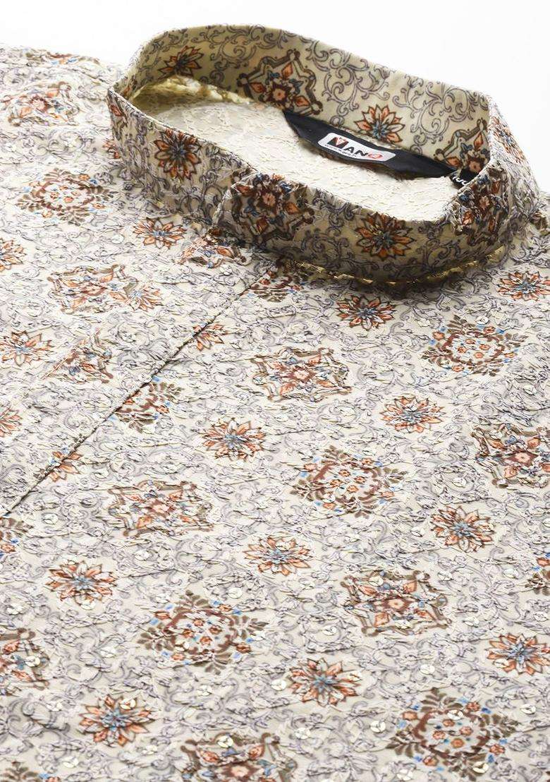 Beige Embroidered Cotton Kurta Set For Men - Indya