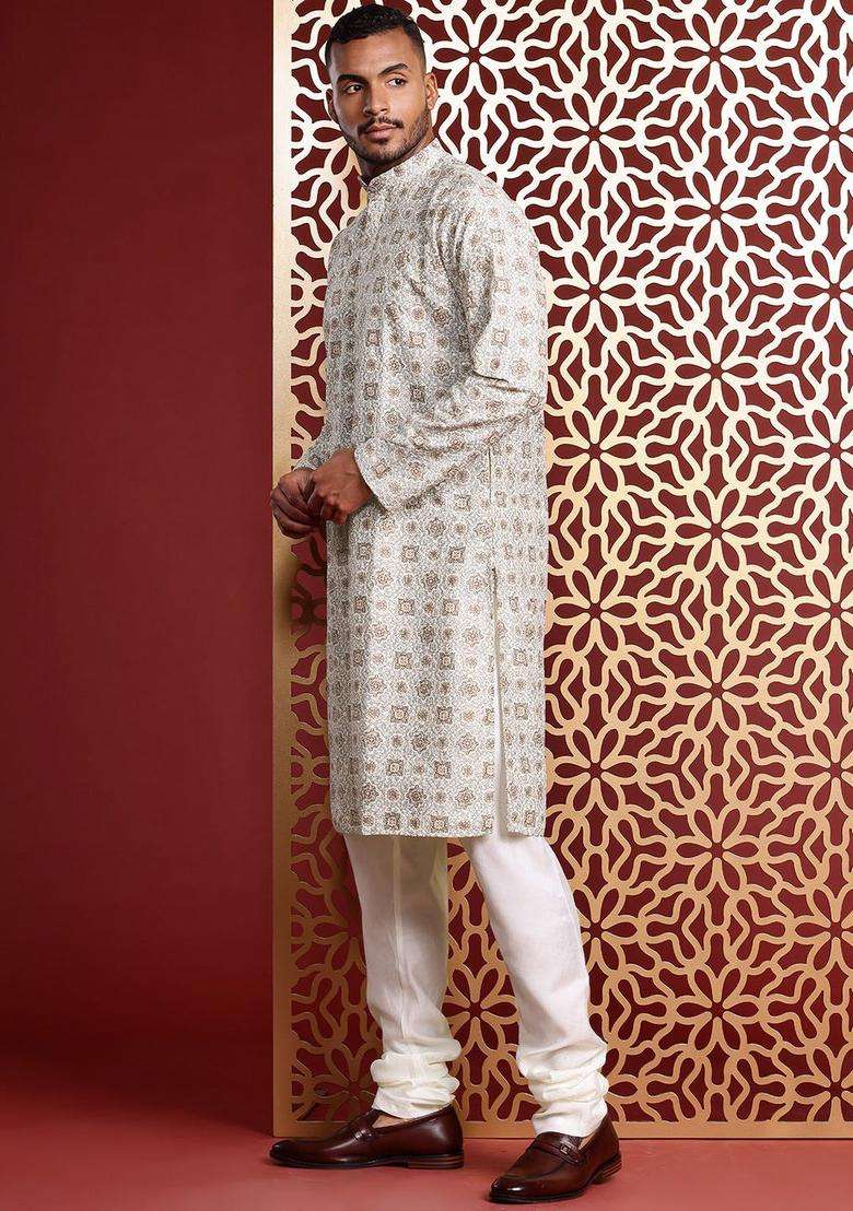 Beige Embroidered Cotton Kurta Set For Men - Indya