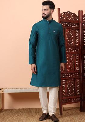 Green Solid Silk Kurta Set For Men