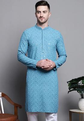 Blue Embroidered Cotton Kurta Set For Men