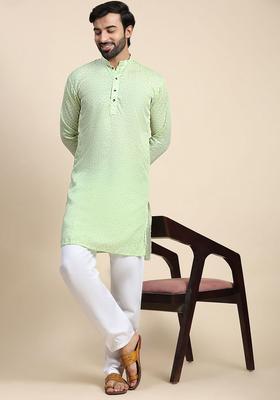 Green Woven Design Cotton Kurta Set For Men