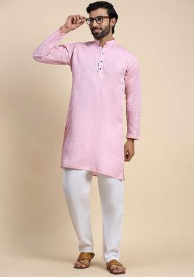 Pink Printed Cotton Kurta Set For Men